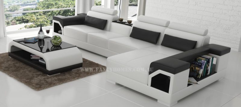 Fancy Homes Vera-C chaise leather sofa in white and black leather with in-built cupholder , adjustable headrests and storage armrests