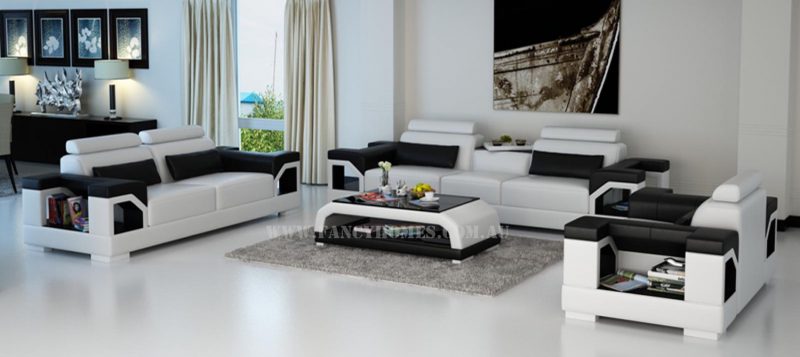 Fancy Homes Vera-D lounges suites leather sofa in white and black leather featuring storage armrests, adjustable headrests and in-built cupholder