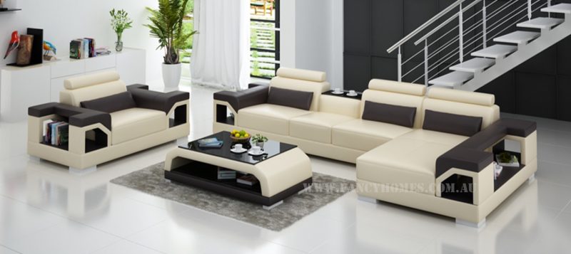 Fancy Homes Vera-E chaise leather sofa in beige and brown leather