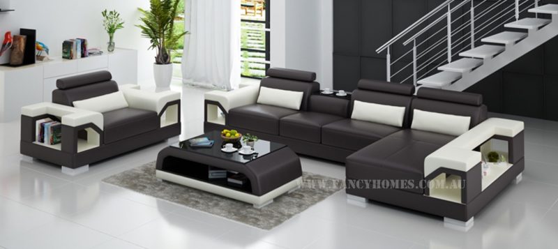 Fancy Homes Vera-E chaise leather sofa in brown and white leather