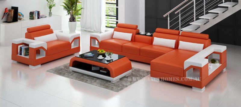 Fancy Homes Vera-E chaise leather sofa in orange and white leather