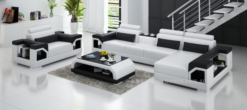 Fancy Homes Vera-E chaise leather sofa in white and black leather