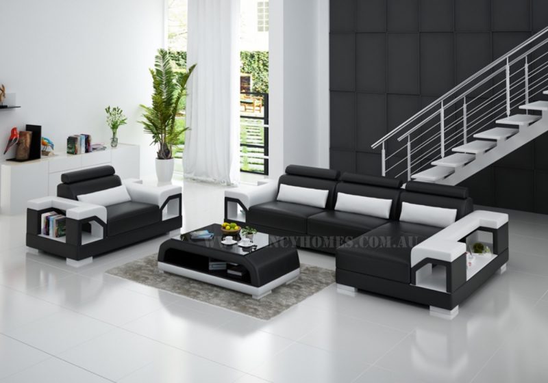 Fancy Homes Vera-F chaise leather sofa in black and white leather with storage armrests and adjustable headrests