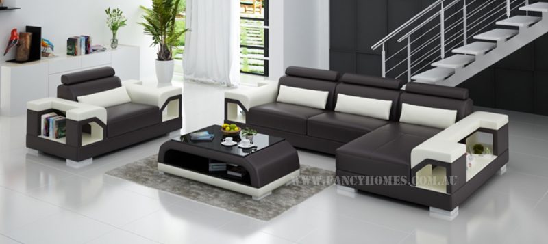 Fancy Homes Vera-F chaise leather sofa in brown and white leather