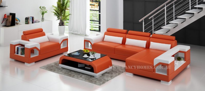 Fancy Homes Vera-F chaise leather sofa in orange and white leather