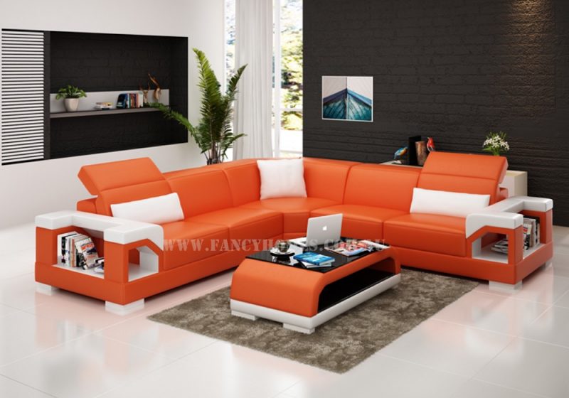 Fancy Homes Viva-B corner leather sofa in orange and white leather featuring storage armrests and adjustable headrests