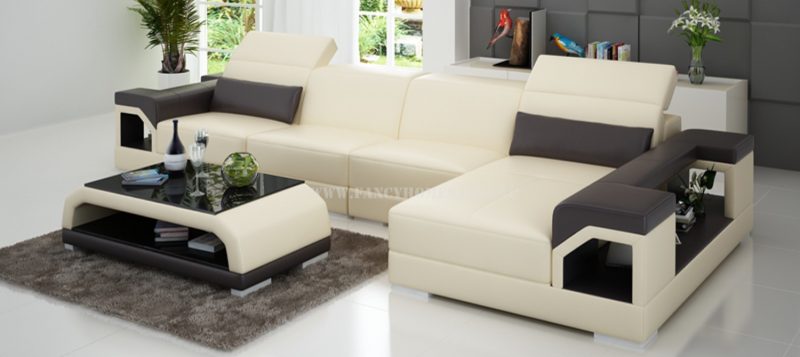 Fancy Homes Viva-C chaise leather sofa in beige and brown leather