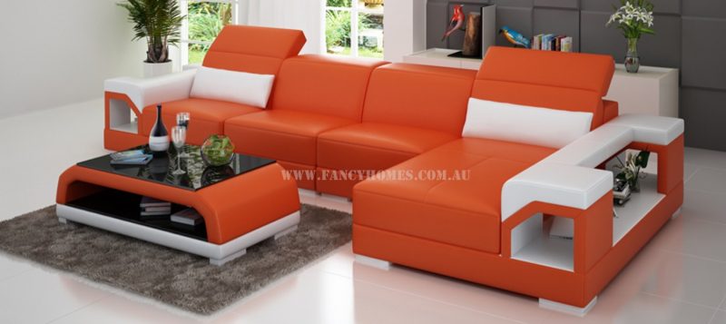 Fancy Homes Viva-C chaise leather sofa in orange and white leather