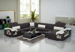 Fancy Homes Viva modular leather sofa in brown and white leather featured with easy-adjustable headrests and storage arms