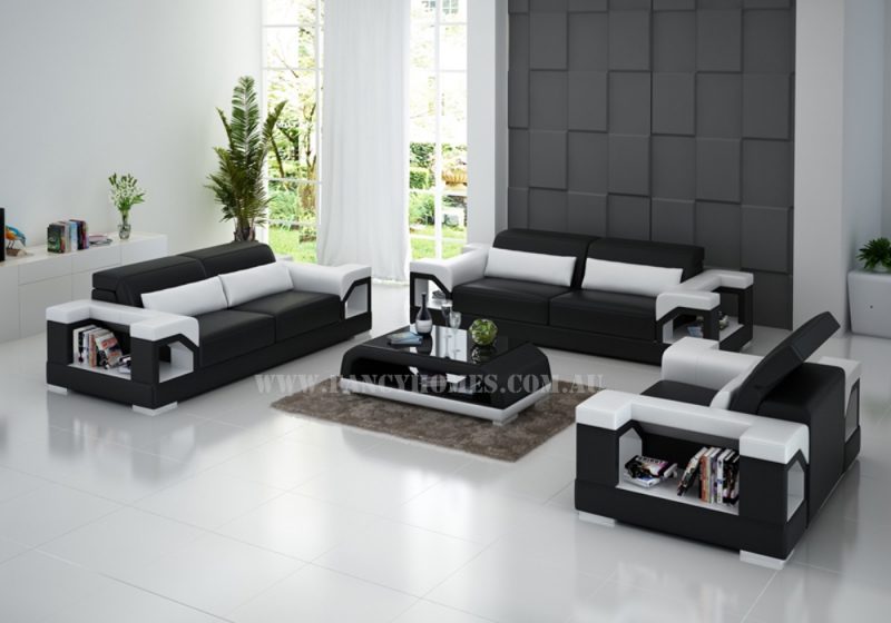 Fancy Homes Viva-D lounges suites leather sofa in black and white leather featuring adjustable headrests and storage armrests