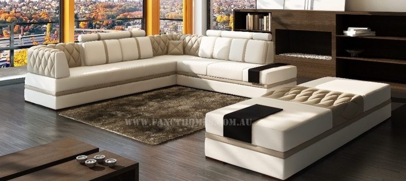 Fancy Homes Zeta corner leather sofa in white and beige leather featuring built-in side tables and large ottomans