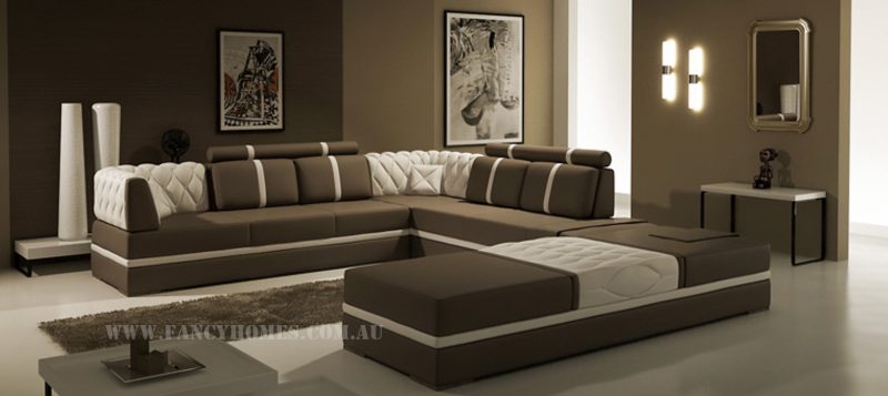 Fancy Homes Zeta corner leather sofa in brown and white leather