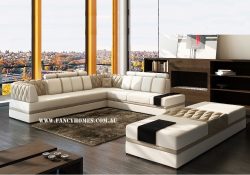 Fancy Homes Zeta corner leather sofa in sandy colour and white leather