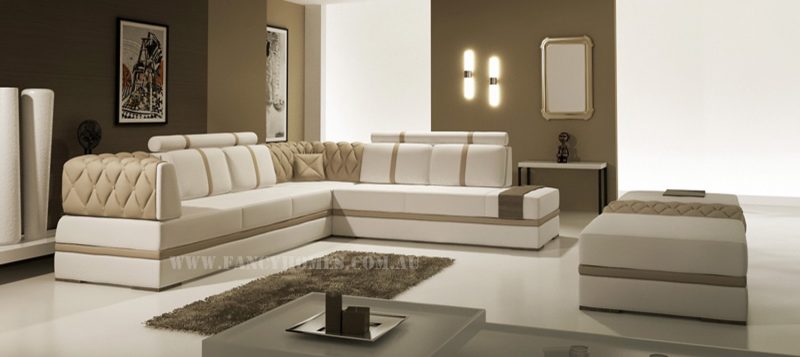 Fancy Homes Zeta corner leather sofa in white and beige leather