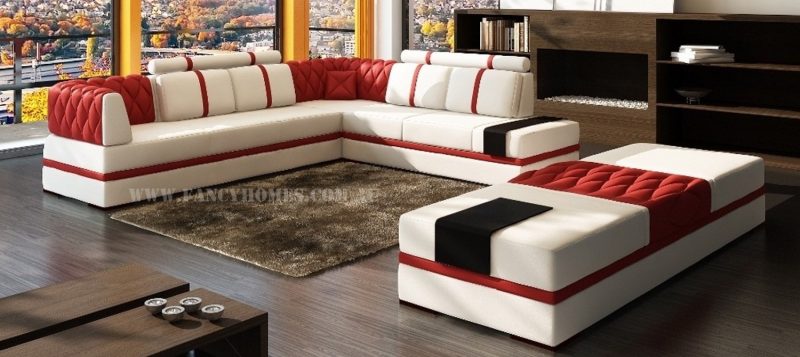 Fancy Homes Zeta corner leather sofa in red and white leather