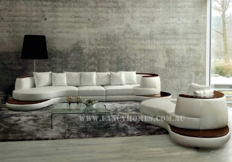 Fancy Homes Wave chaise leather sofa in white leather featuring unique curved design and a perfect mixture of leather and solid timber