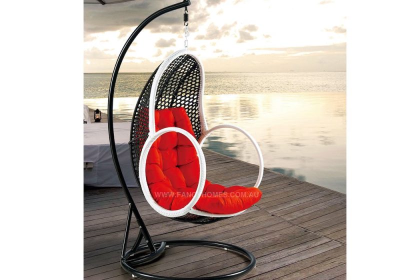 Fancy Homes BP648-BW hanging chair, hanging chairs black white wicker and dark red cushion