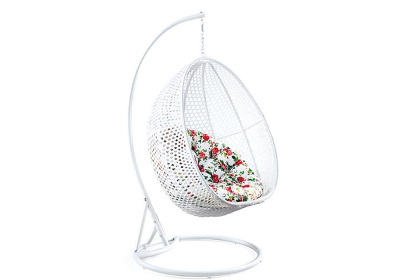 Fancy Homes BP714-B hanging chair white wicker and floral cushion