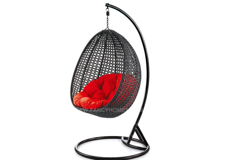Fancy Homes BP714-B hanging chair black wicker and red cushion