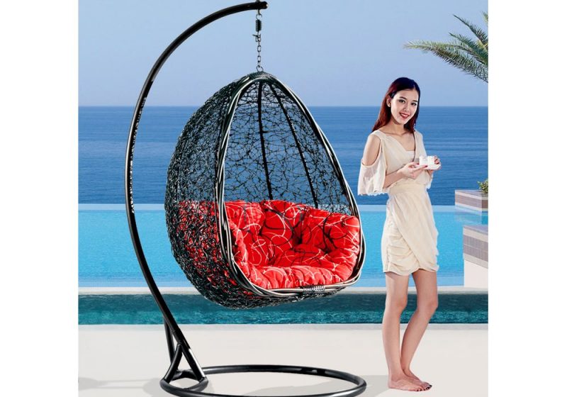 Fancy Homes BP732-B hanging chair black wicker and red cushion