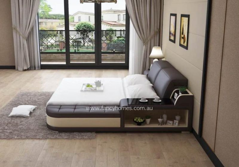 Fancy Homes Christi Contemporary Leather Bed Frame In-built storage ottoman and side table