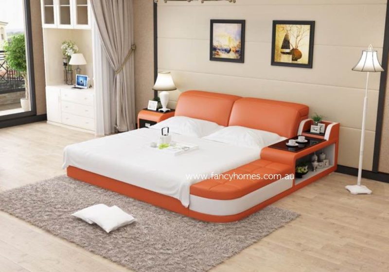 Fancy Homes Christi Contemporary Leather Bed Orange and Off White
