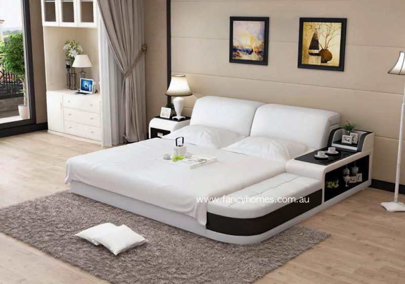 Fancy Homes Contemporary Leather Bed Frame Pure White and Black