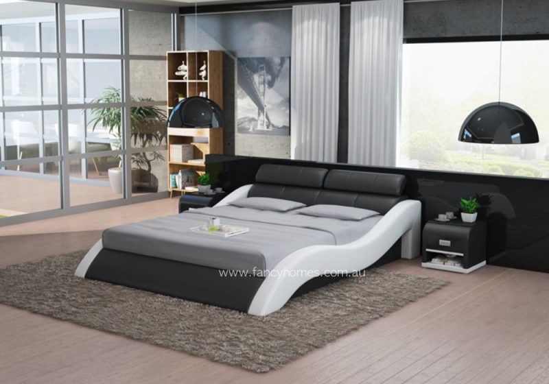 Fancy Homes Doria Contemporary Leather Bed Black and Pure White