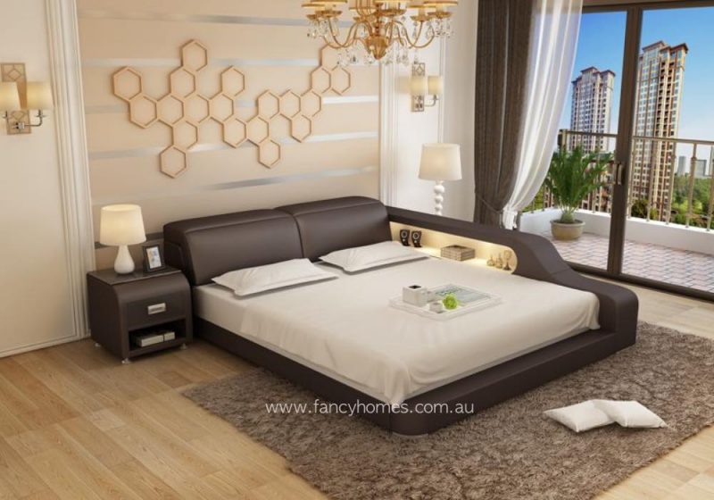 Fancy Homes Jeri Contemporary Leather Bed Frame Brown and Off White