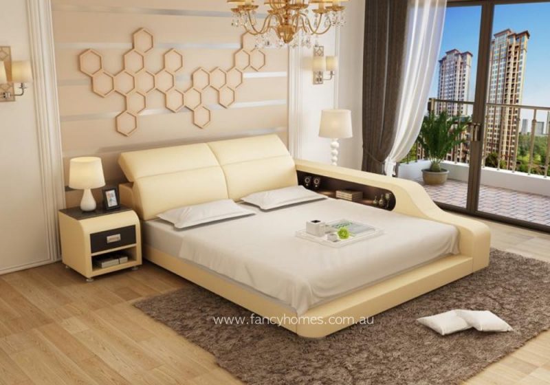 Fancy Homes Jeri Contemporary Leather Bed Frame Cream and Dark Brown Adjustable Headrests