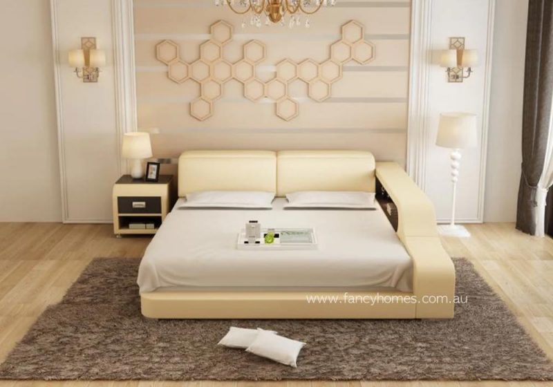 Fancy Homes Jeri Contemporary Leather Bed Frame Cream and Dark Brown Front
