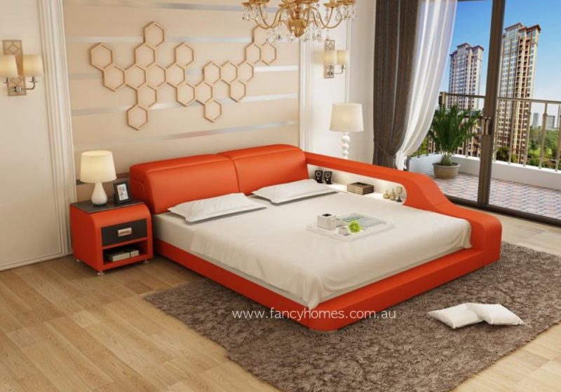 Fancy Homes Jeri Contemporary Leather Bed Frame Orange and Off White