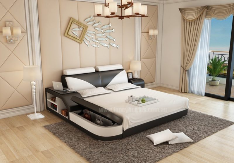 Fancy Homes Kate Italian Leather Bed Frame, Leather Beds in black and white featuring in-built side table and storage ottoman