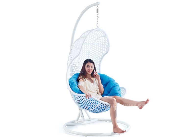 Fancy Homes WP630 Hanging chair white wicker and aqua cushion