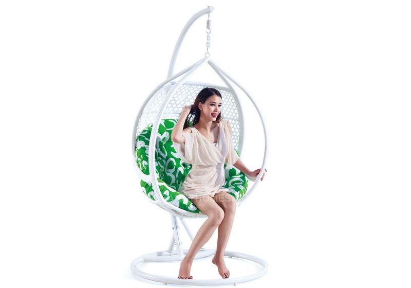 Fancy Homes WP636-W hanging chair white wicker and green cushion