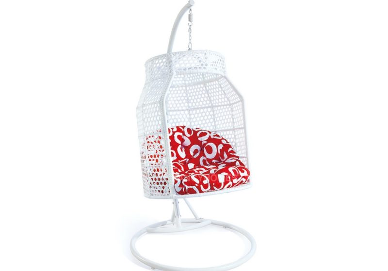 Fancy Homes WP638-W hanging chair white wicker and red cushion