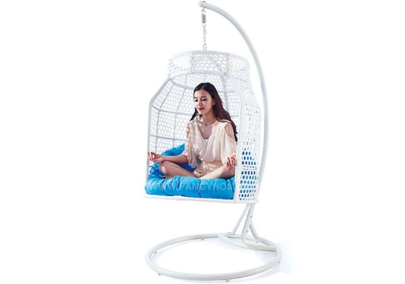 Fancy Homes WP638 hanging chair white wicker and aqua cushion