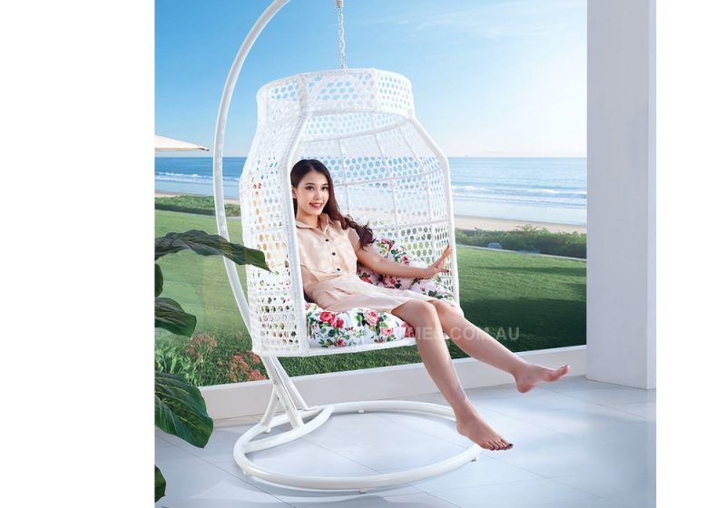 Fancy Homes WP638-W hanging chair white wicker and floral cushion