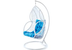 Fancy Homes WP639-W hanging chair white wicker and aqua cushion