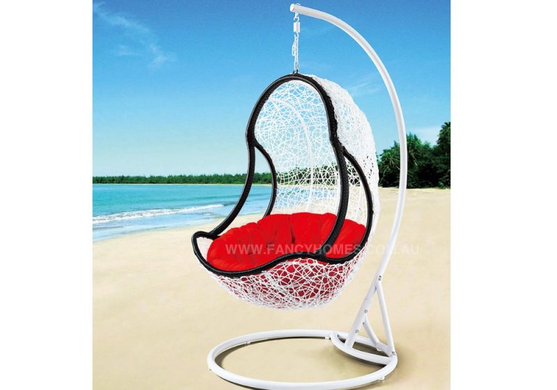 Fancy Homes WP641-BW hanging chair, hanging chairs white black wicker and red cushion