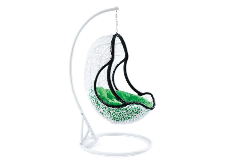Fancy Homes WP641-BW hanging chair white black wicker and green cushion