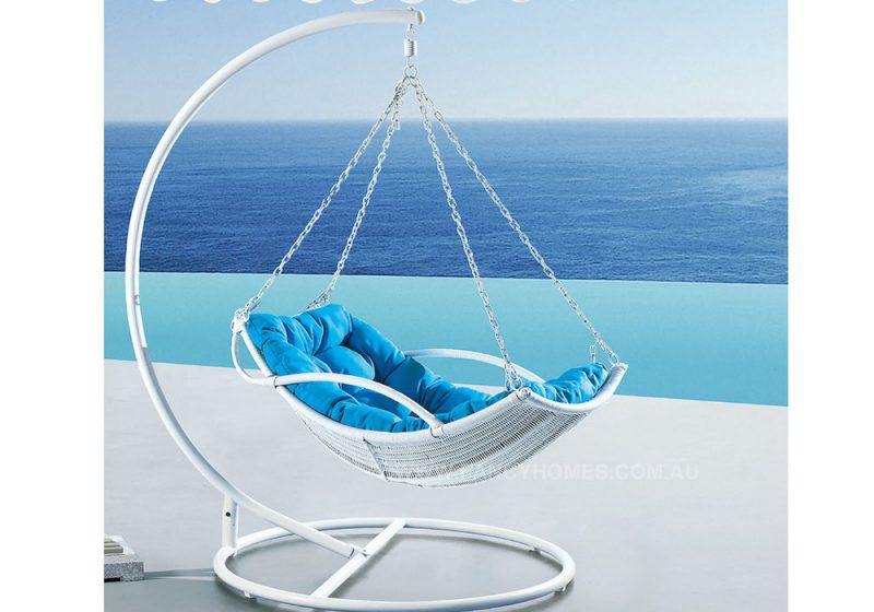 Fancy Homes WP909-W hanging chair white wicker and aqua cushion