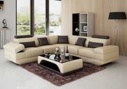 Fancy Homes Casanova-B corner leather sofa in beige and brown leather featuring storage armrests and adjustable headrests