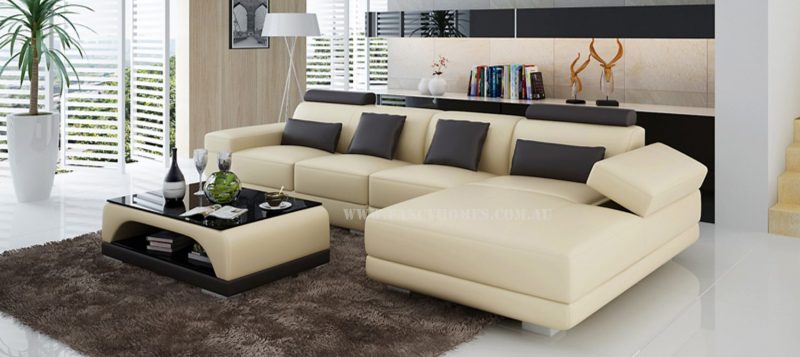 Fancy Homes Casanova-C chaise leather sofa in beige and brown leather