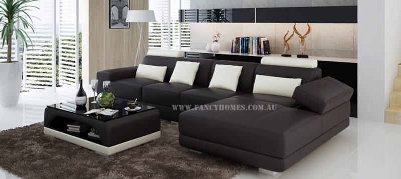 Fancy Homes Casanova-C chaise leather sofa in brown and white leather