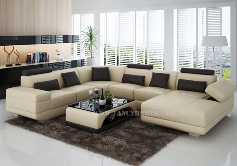 Fancy Homes Casanova modular leather sofa in beige and black leather featuring extra wide chaise and storage armrests