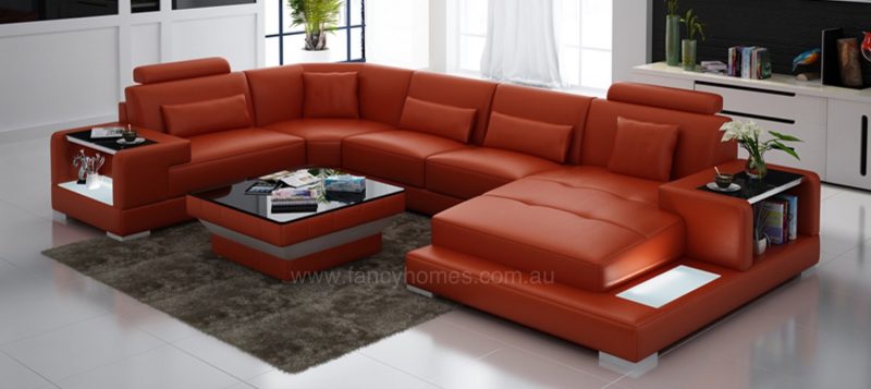 Fancy Homes Verena modular leather sofa in orange leather with LED lighting system and built-in side tables