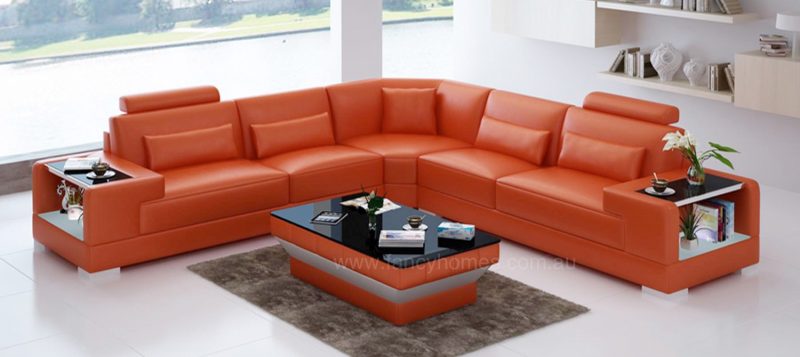 Fancy Homes Verena-B corner leather sofa in orange leather with built-in side tables and LED lighting system