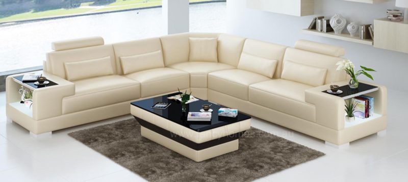 Fancy Homes Verena-B corner leather sofa in beige leather with built-in side tables and LED lighting system