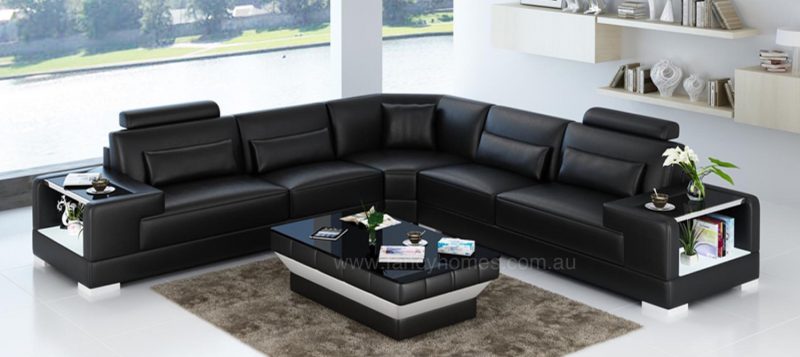 Fancy Homes Verena-B corner leather sofa in black leather with built-in side tables and LED lighting system